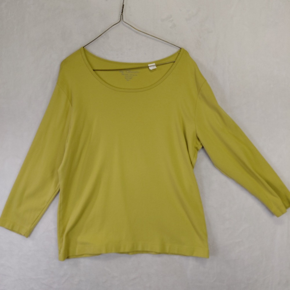 Chicos Chartreuse Yellow Scoop Neck Long Sleeve Cotton Blend Top Size 2 Large